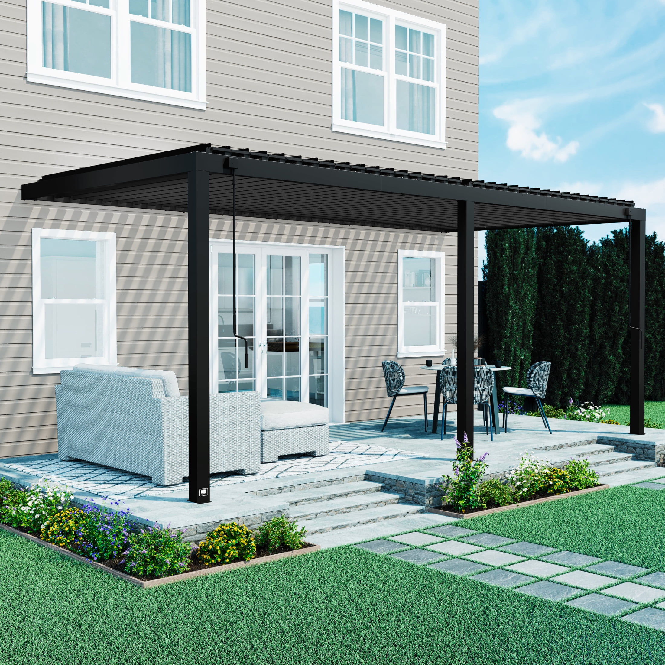 Evanston Black Galvanized Steel Wall-Mounted Pergola with Adjustable Roof