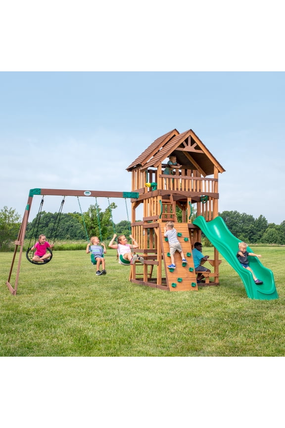 Highlander Cedar Wood Swing Set, Wave Slide, Three-Story Clubhouse