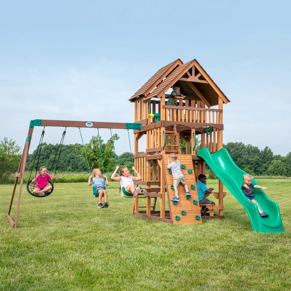 Backyard Discovery Highlander Cedar Wood Swing Set, Wave Slide, Three-Story Clubhouse