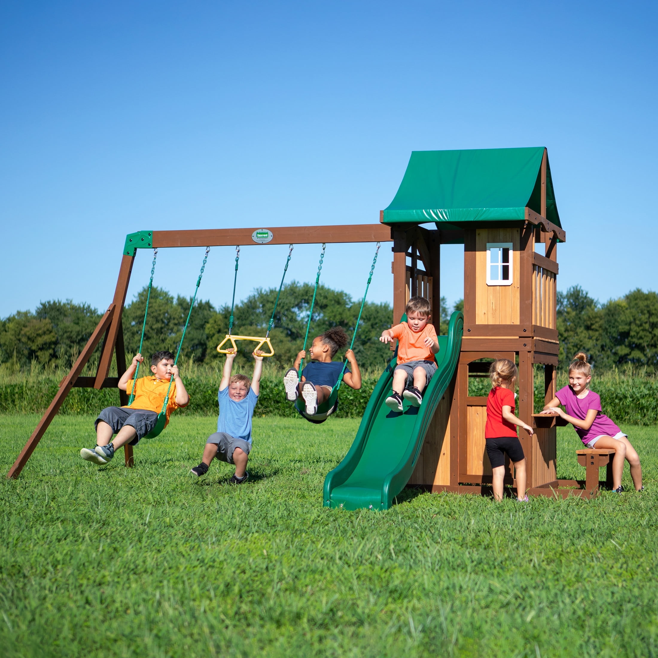 Backyard Discovery Lakewood Cedar Wood Swing Set, Slide, Clubhouse, Playhouse, Snack Bar
