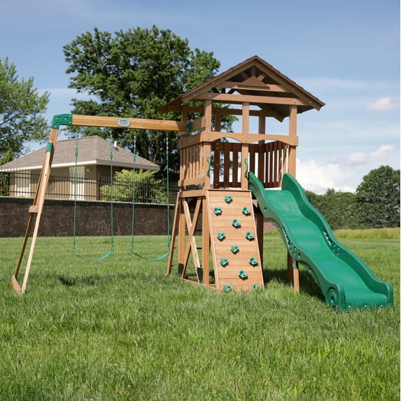 Backyard Discovery Lightning Ridge Cedar Wood Swing Set, Slide, Deck, Rock Wall, Sandbox, Brown, 12 ft x 14 ft