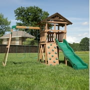Backyard Discovery Lightning Ridge Cedar Wood Swing Set, Slide, Deck, Rock Wall, Sandbox