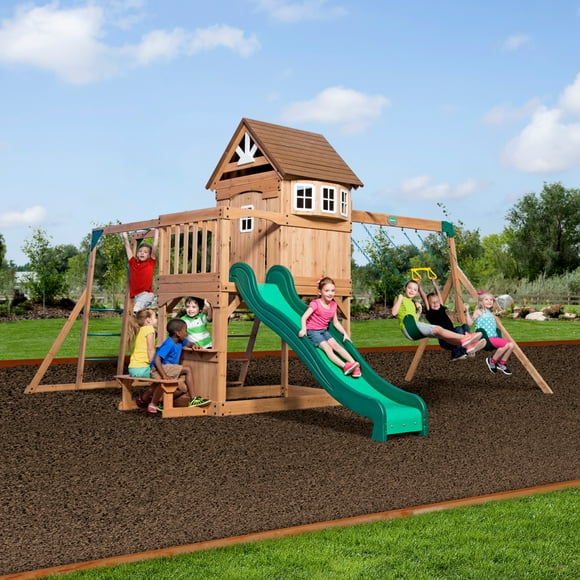 Backyard Discovery Montpelier Cedar Wood Swing Set, Slide, Clubhouse, Monkey Bars