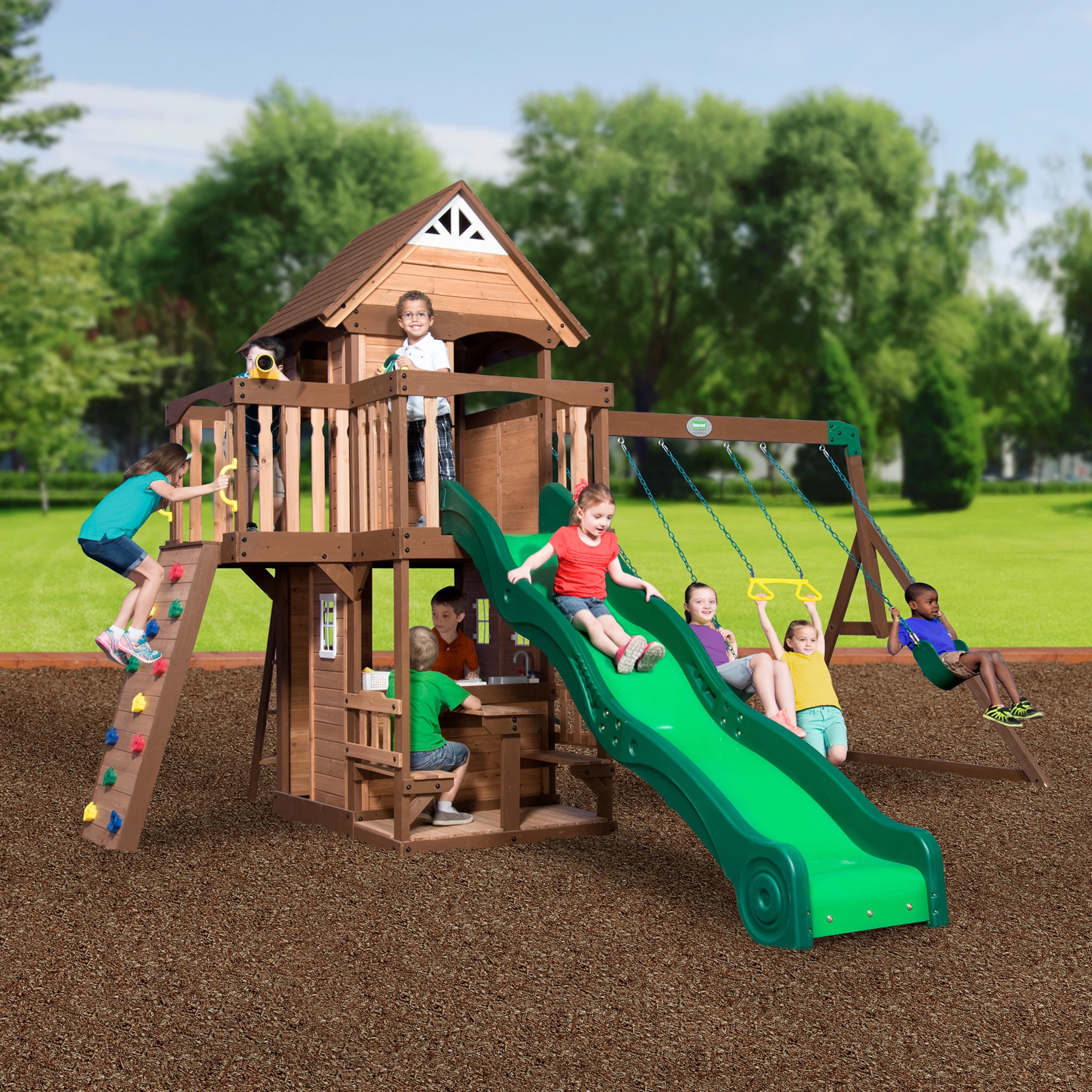 Backyard Discovery Mount Triumph Cedar Wood Swing Set, Wave Slide, Clubhouse, Rock Wall