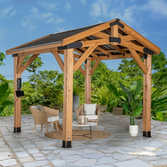 Backyard Discovery Norwood 10' x 10' Cedar Wood Gazebo, Galvanized Steel Roof, PowerPort