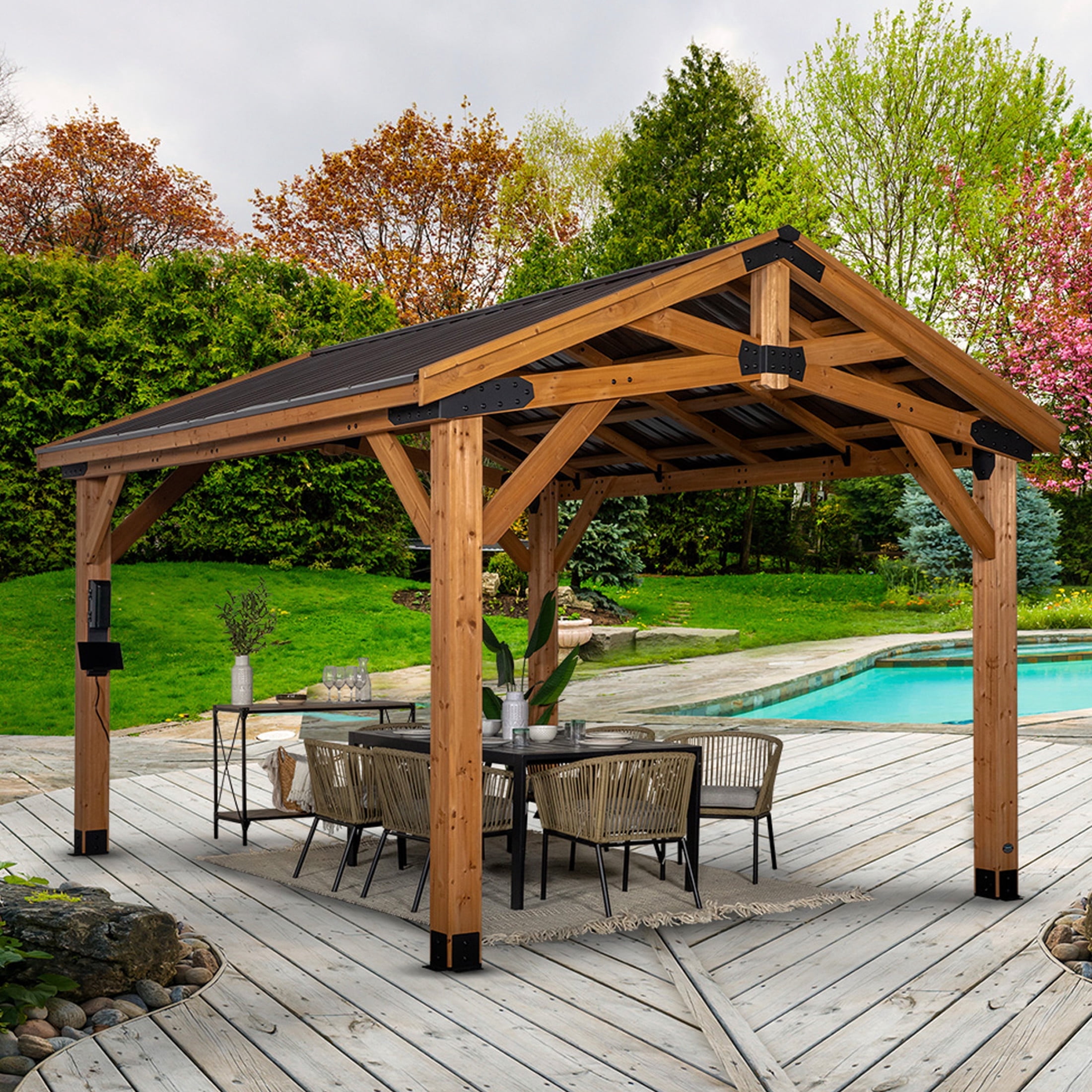 Backyard Discovery Norwood 14' x 12' Cedar Wood Gazebo, Galvanized Steel Roof, PowerPort