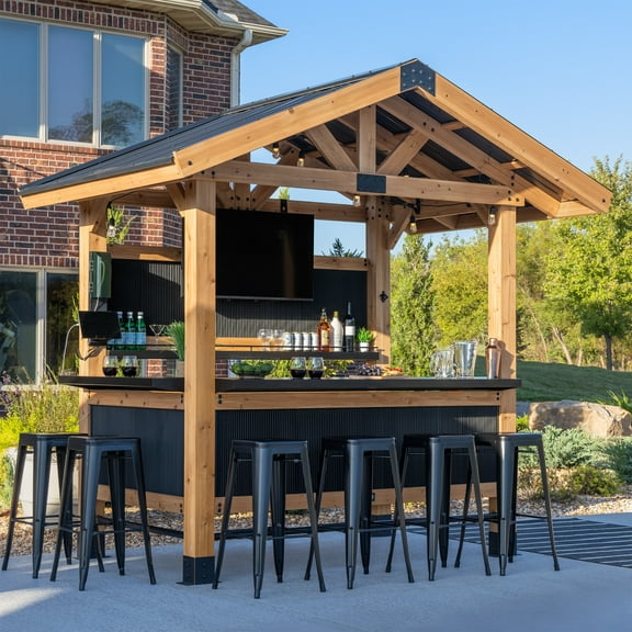 Backyard Discovery Palisade 9'x6' Cedar Wood Outdoor Bar, Galvanized Steel Roof, Bar Tops