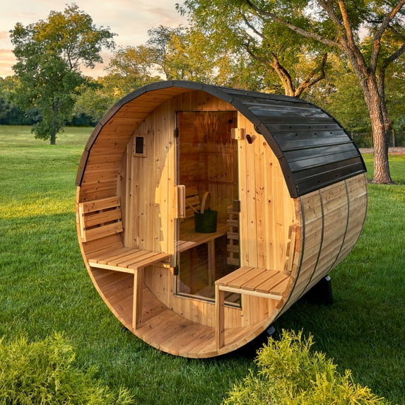Backyard Discovery Paxton 2-4 Person Cedar Outdoor Barrel Sauna, Porch, 9kW Heater, Off-White, 7 ft x 6 ft