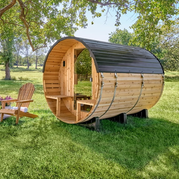 Backyard Discovery Paxton 4-6 Person Cedar Outdoor Barrel Sauna, Porch, 9kW Heater