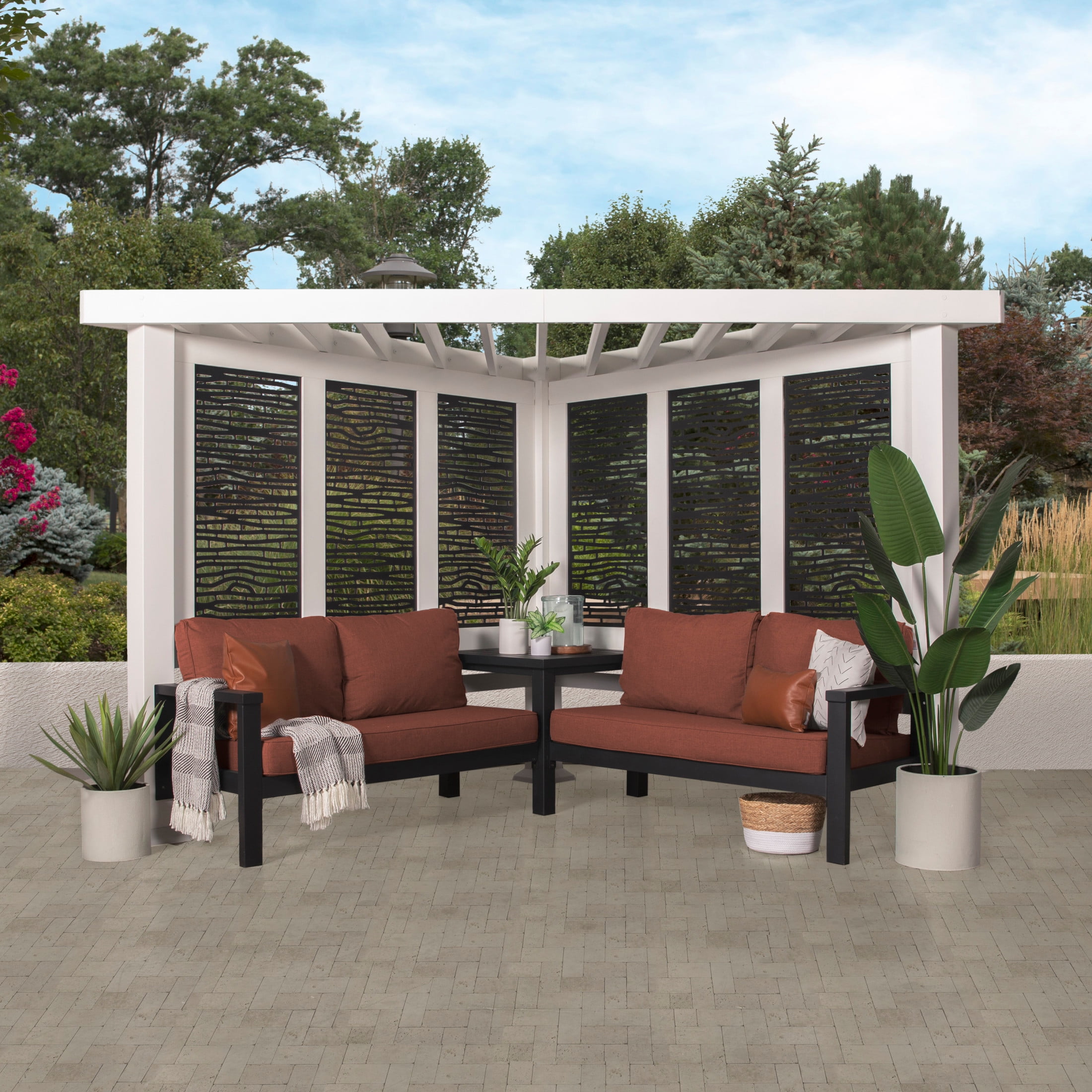 Ridgedale White Metal Cabana Pergola with Terracotta Seating