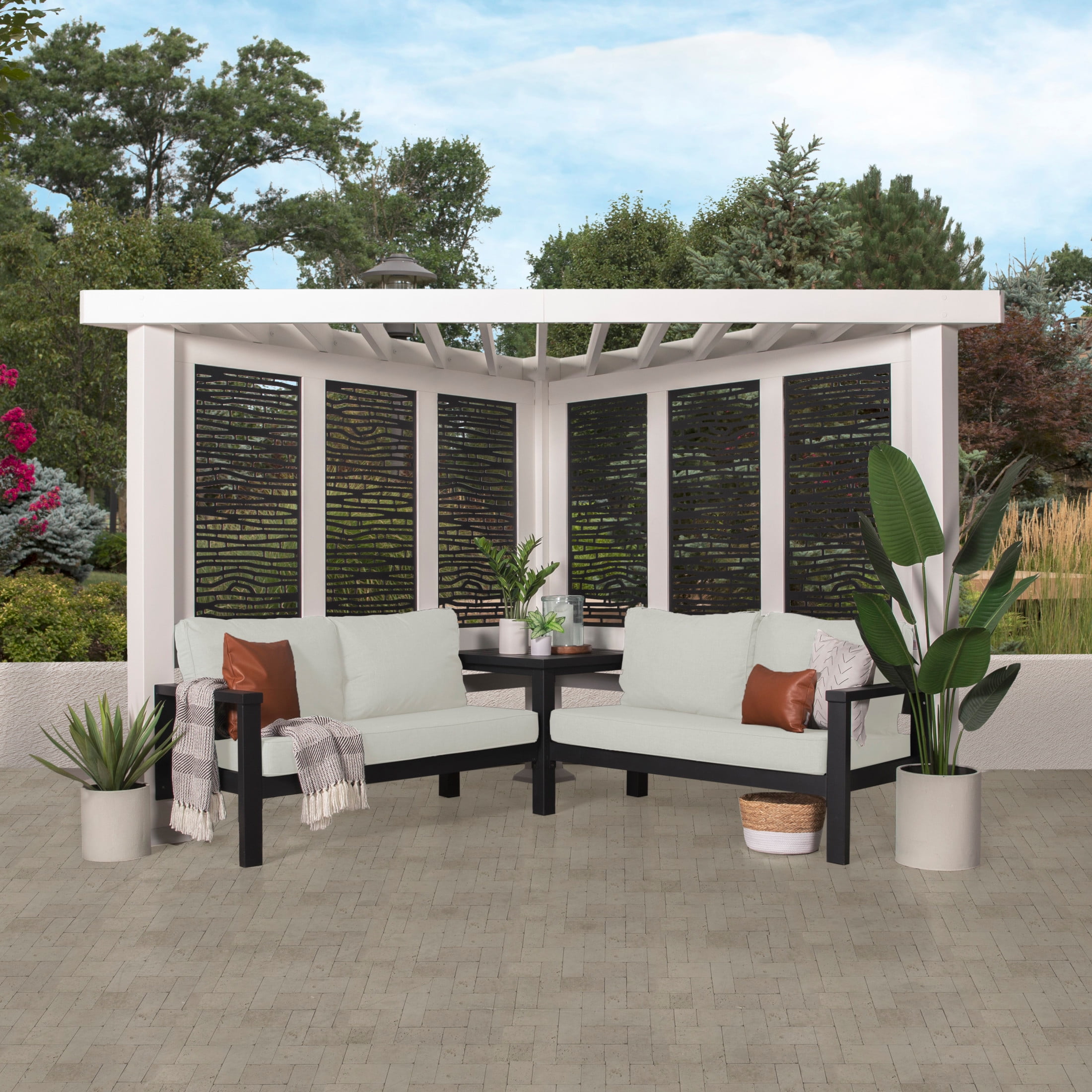 Ridgedale White Steel Cabana Pergola with Pumice Cushioned Seating