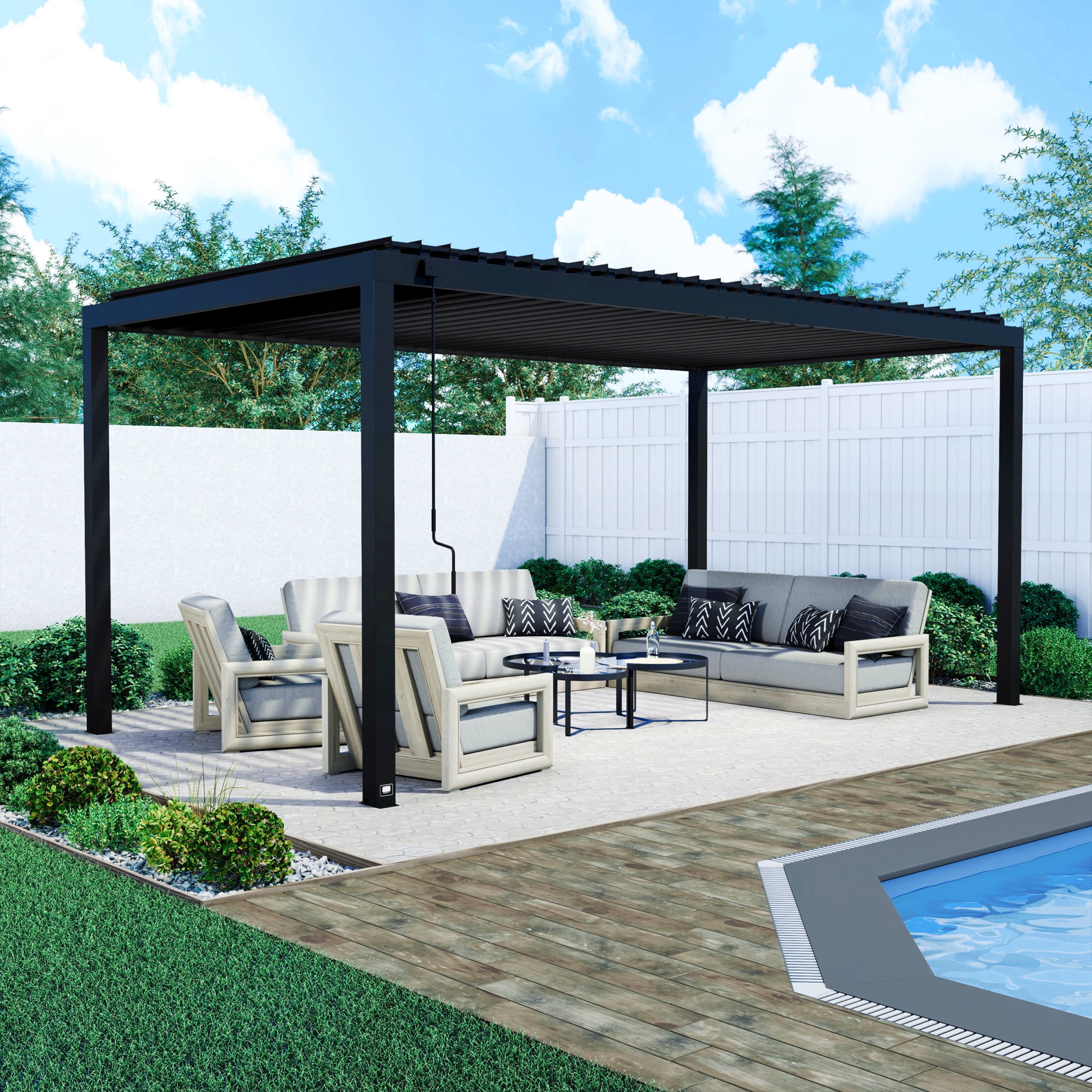 Sarasota Black Galvanized Steel Louvered Pergola with Adjustable Canopy