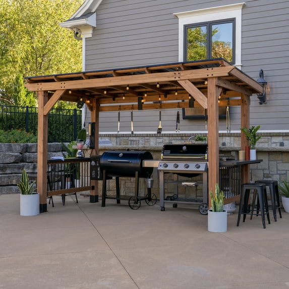 Backyard Discovery Saxony XL 12 ft x 6 ft Brown cedar grill gazebo with galvanized steel roof and bar tops