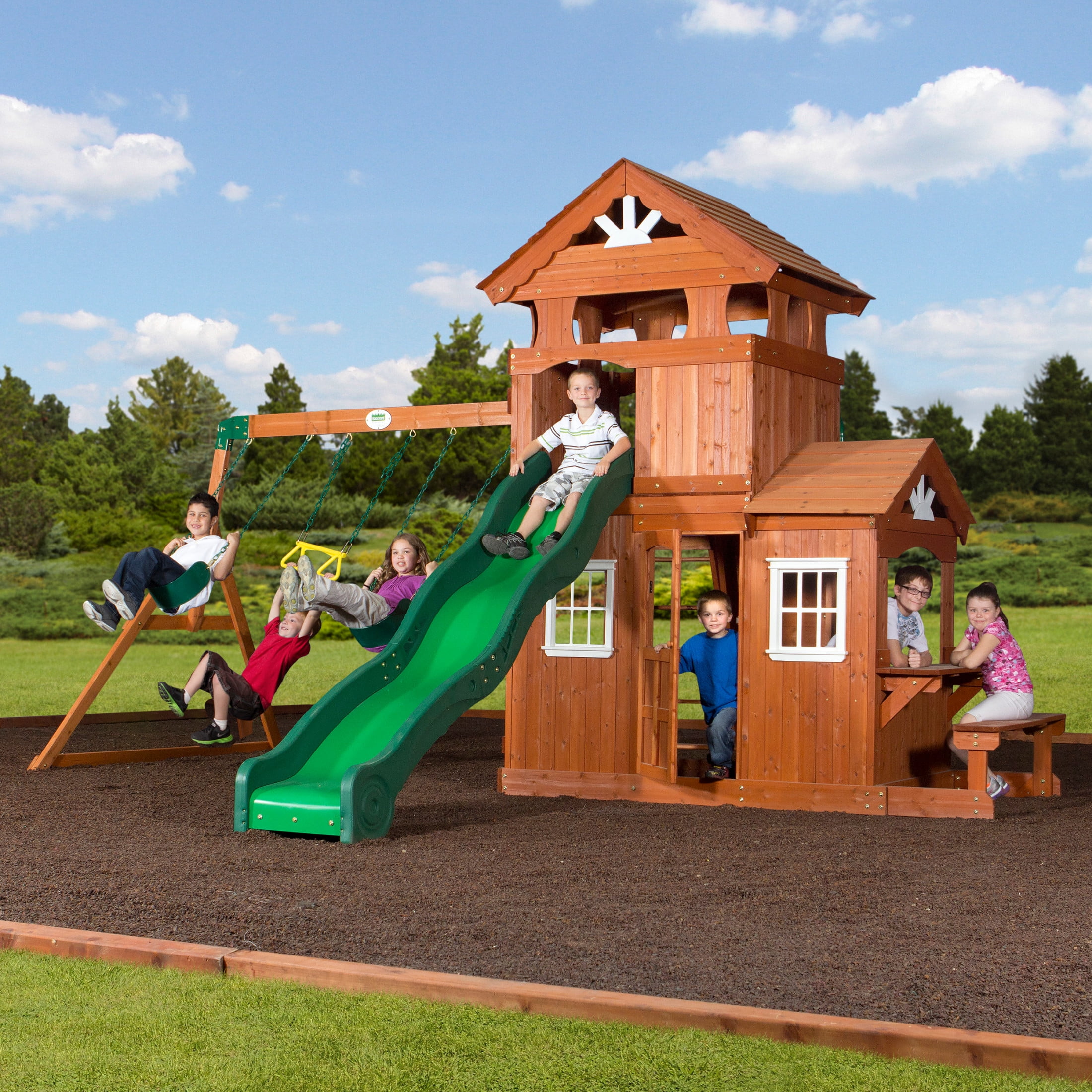 Shenandoah Cedar Wood Swing Set with Green Slide and Playhouse