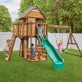 thumbnail image 1 of Backyard Discovery Spruce Hollow Spruce Wood Swing Set, Wave Slide, Clubhouse, Rock Wall, 1 of 14