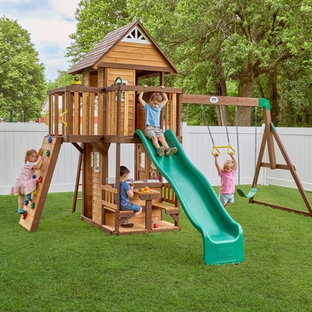 Backyard Discovery Spruce Hollow Spruce Wood Swing Set, Wave Slide, Clubhouse, Rock Wall