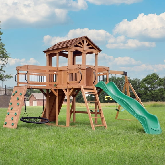 Backyard Discovery Sterling Point Cedar Wood Swing Set, Slide, Clubhouse, Wooden Bridge
