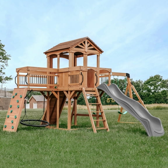 Backyard Discovery Sterling Point Cedar Wood Swing Set, Slide, Clubhouse, Wooden Bridge