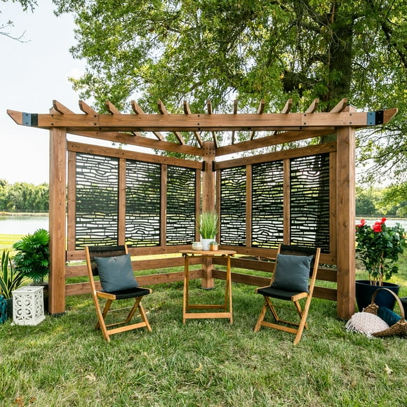 Backyard Discovery Verona 12'x8' Cedar Wood Outdoor Cabana Corner Pergola, Privacy Panels