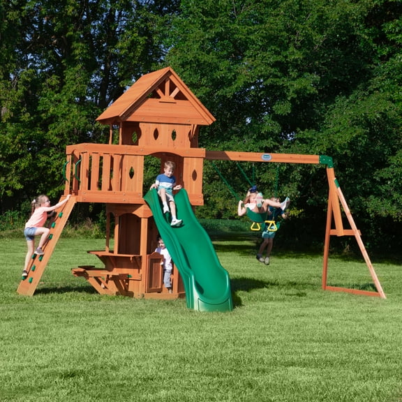 Backyard Discovery Woodland Cedar Wood Swing Set, Slide, Clubhouse, Rock Wall, Snack Bar