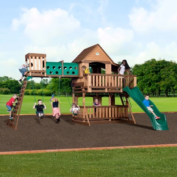 Backyard Discovery Woodridge Elite Cedar Wood Swing Set, Slide, Clubhouse, Crawl Tunnel
