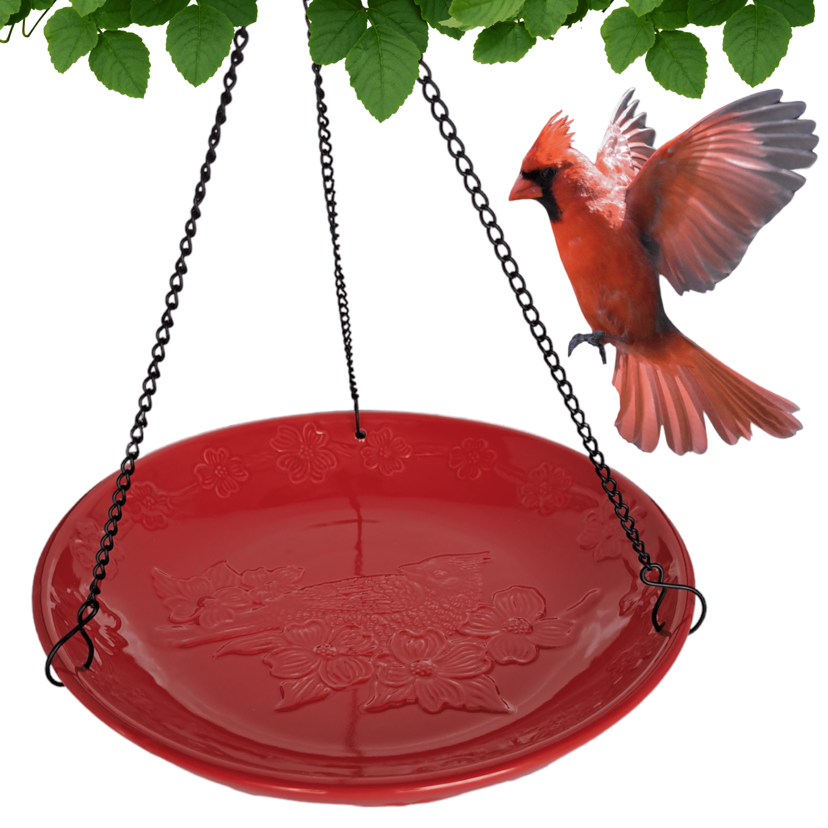 Red Embossed Ceramic Hanging Bird Bath with Black Metal Chain