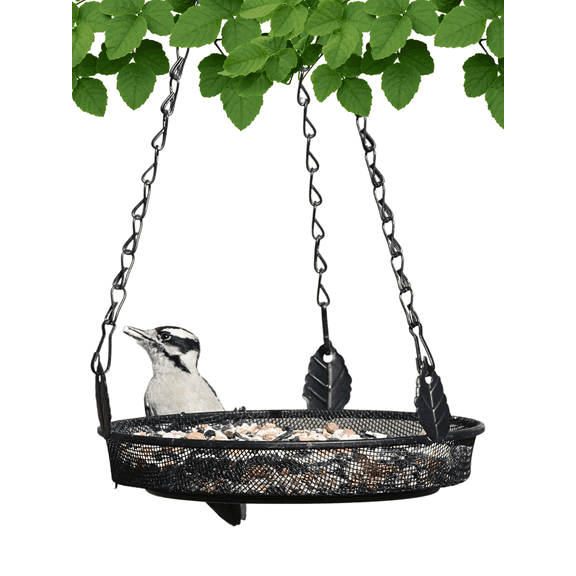 Backyard Essentials Hanging Tray Bird Feeder, Black Metal Mesh Birdfeeder, 5 Cup Capacity