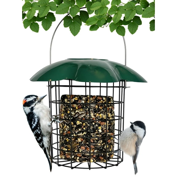 Backyard Essentials Large Seed or Suet Log Caged Feeder - Metal Suet Cage Cylinder Bird Feeder with Green Slide Down Protective Roof