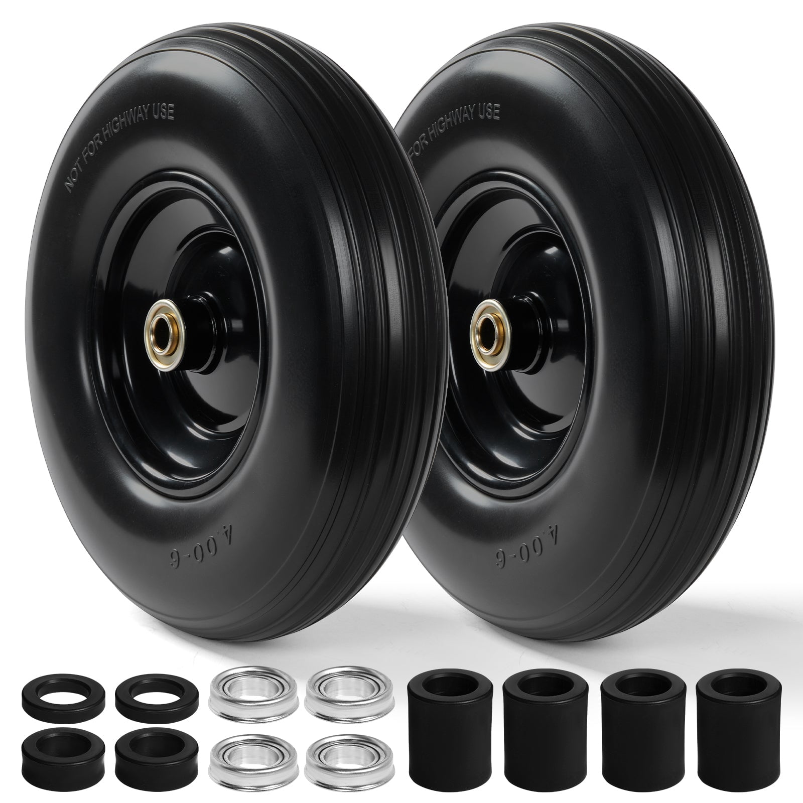 Backyard Expressions 13-Inch Flat-Free PU Tire 2-Pack – Solid PU Replacement Wheels with 5/8" & 3/4" Bearings, Spacer Kit & Steel Hubs for Wheelbarrows, Garden Carts, Wagons, Hand Trucks & More