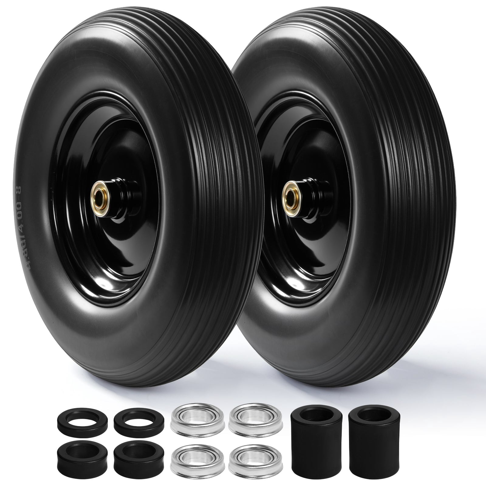 Backyard Expressions 16-Inch Flat-Free PU Tire 2-Pack – Heavy-Duty Solid Poly Wheels with 5/8" & 3/4" Bearings, Spacer Kit & Steel Hubs for Wheelbarrows, Garden Carts, Hand Trucks & Utility Equipment