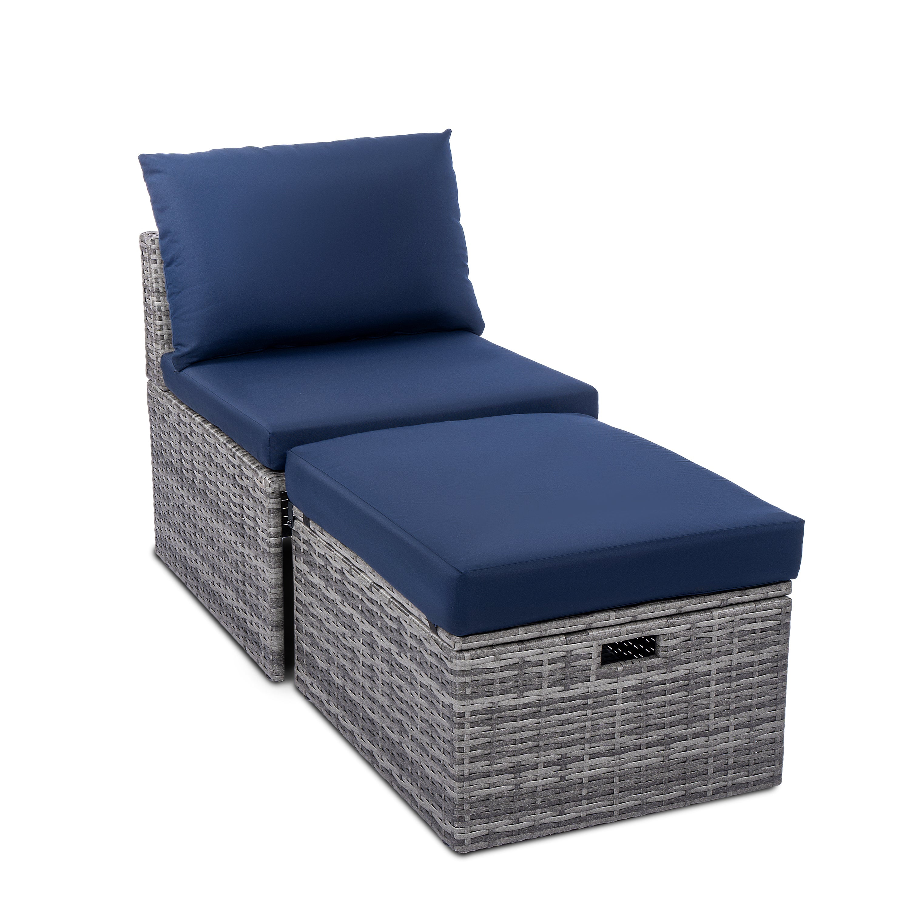 Gray Wicker Outdoor Lounge Chair with Navy Blue Cushions