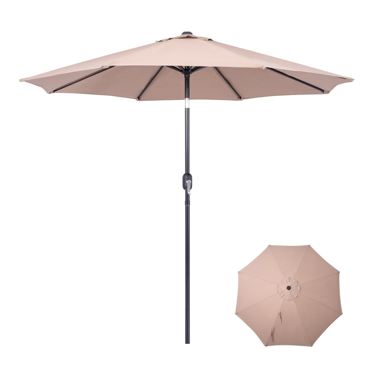 Backyard Expressions 9 ft Market Patio Umbrella, UV-Resistant Canopy with 8-Rib Support Frame and Push Button Tilt and Crank Lift, Beige