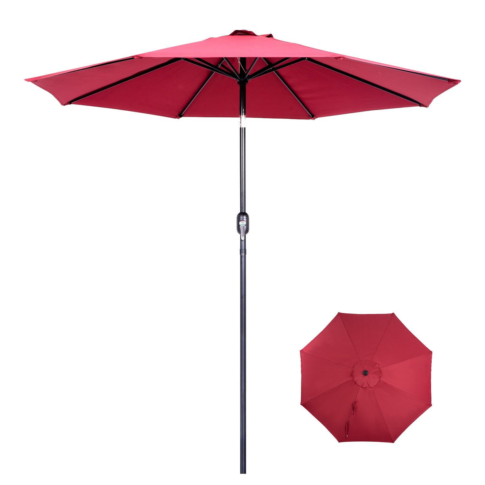 Backyard Expressions 9 ft Market Patio Umbrella UV Resistant Canopy with 8 Rib Support Frame and Push Button Tilt and Crank Lift Red