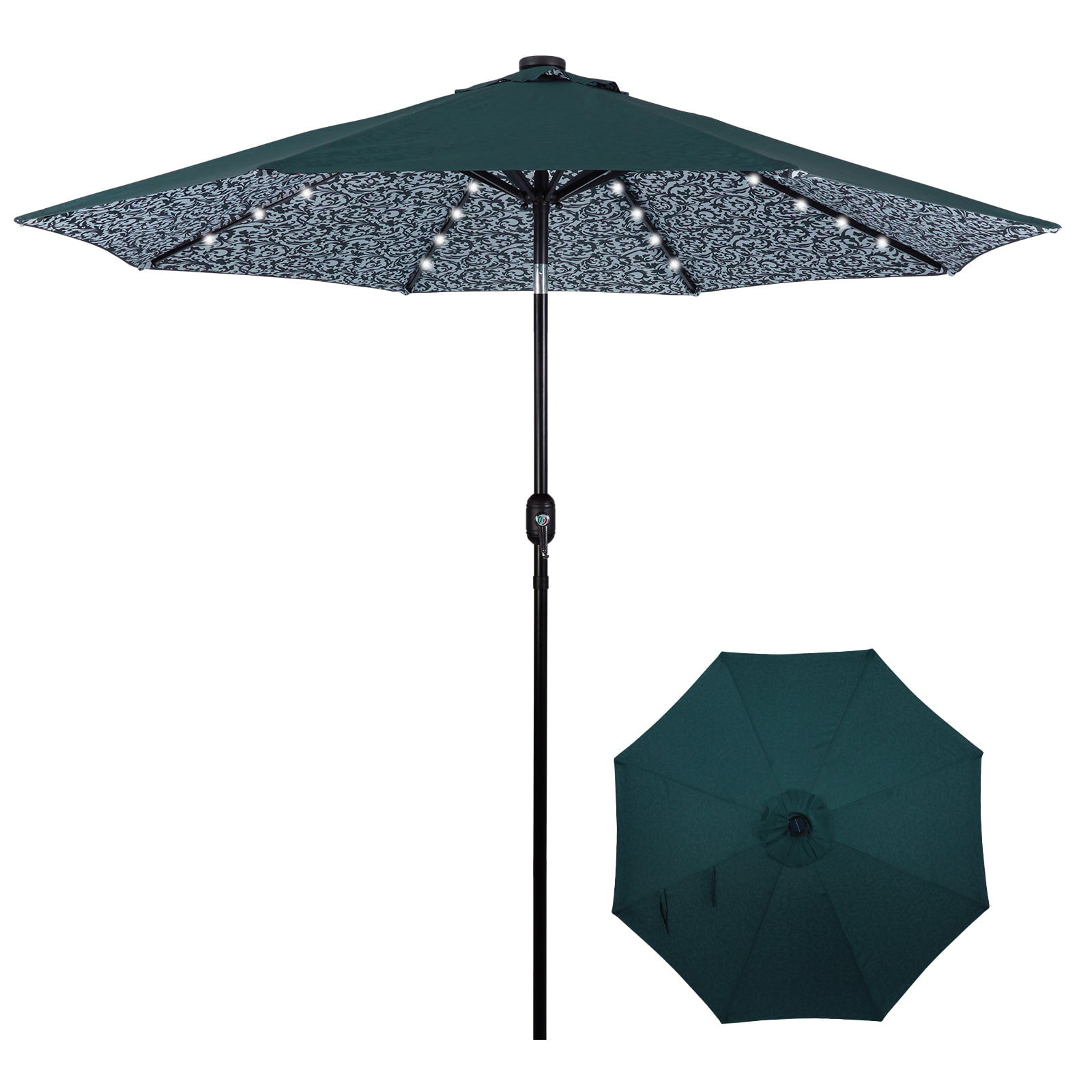 Backyard Expressions 9ft Solar Patio Umbrella with 32 LED Lights – Outdoor Market Umbrella with Tilt & Crank, Solar-Powered Lighting, Water-Resistant Fabric for Patio, Deck, Garden, Pool