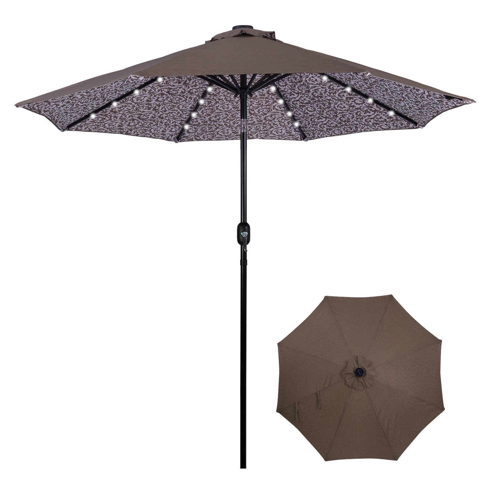 Backyard Expressions 9ft Solar Patio Umbrella with 32 LED Lights – Outdoor Market Umbrella with Tilt & Crank, Solar-Powered Lighting, Water-Resistant Fabric for Patio, Deck, Garden, Pool