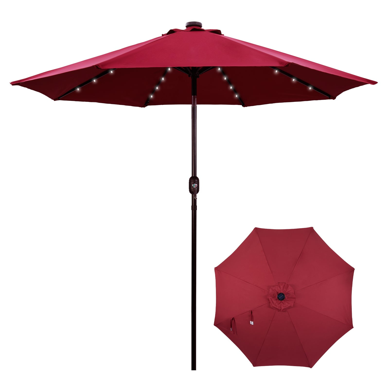 Backyard Expressions 9ft Solar Patio Umbrella with 32 LED Lights – Outdoor Market Umbrella with Tilt & Crank, Solar-Powered Lighting, Water-Resistant Fabric for Patio, Deck, Garden, Pool