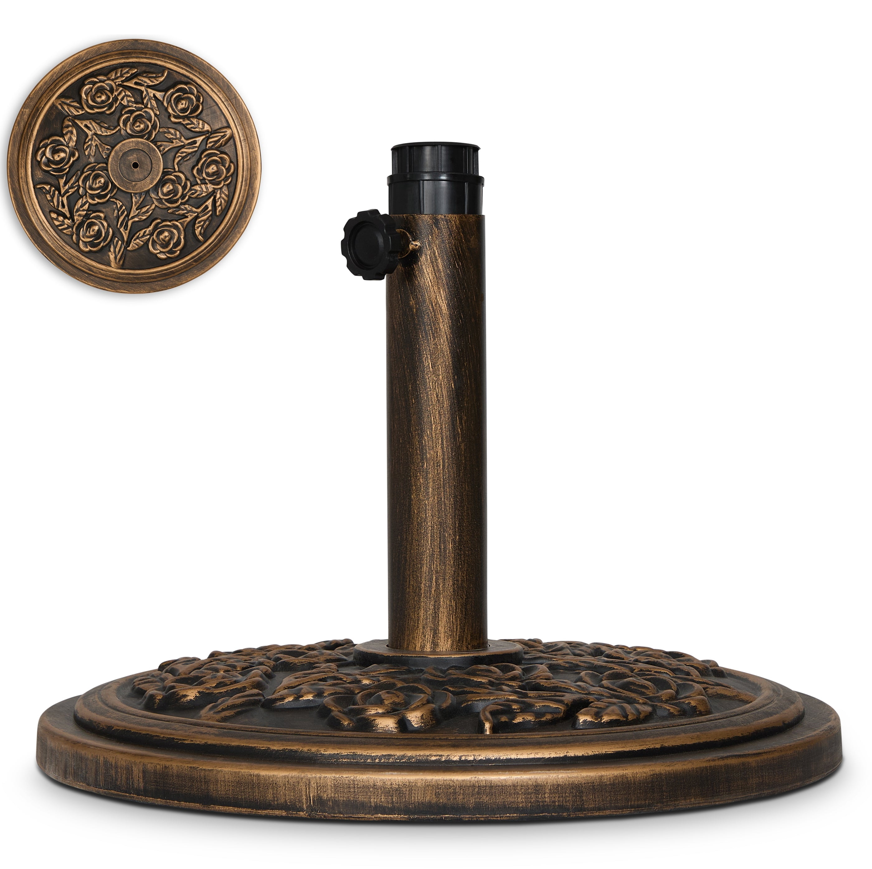 Backyard Expressions Heavy-Duty 20 lb Outdoor Umbrella Base, Antique Bronze Rose Pattern, Fits 1.5"–1.9" Poles, for Deck and Table