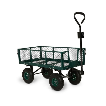 Backyard Expressions Heavy Duty Garden Cart 600 lb, 38" x 20" Steel Bed Utility Wagon with Removable Mesh Sides, Powder-Coated Frame, 10" Pneumatic Wheels, Pull Handle Yard/Lawn Hauler