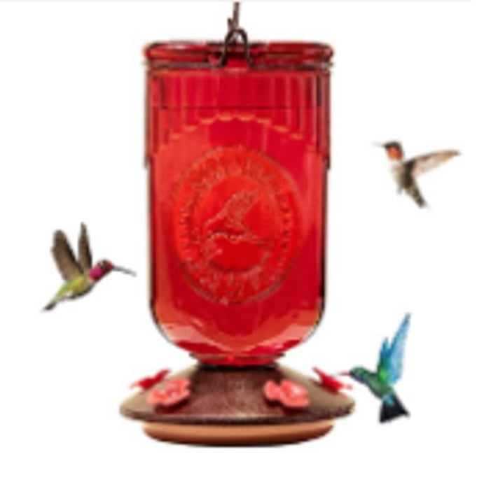 Backyard Expressions Red Embossed Oval Glass Hummingbird Feeder with Feeding Ports