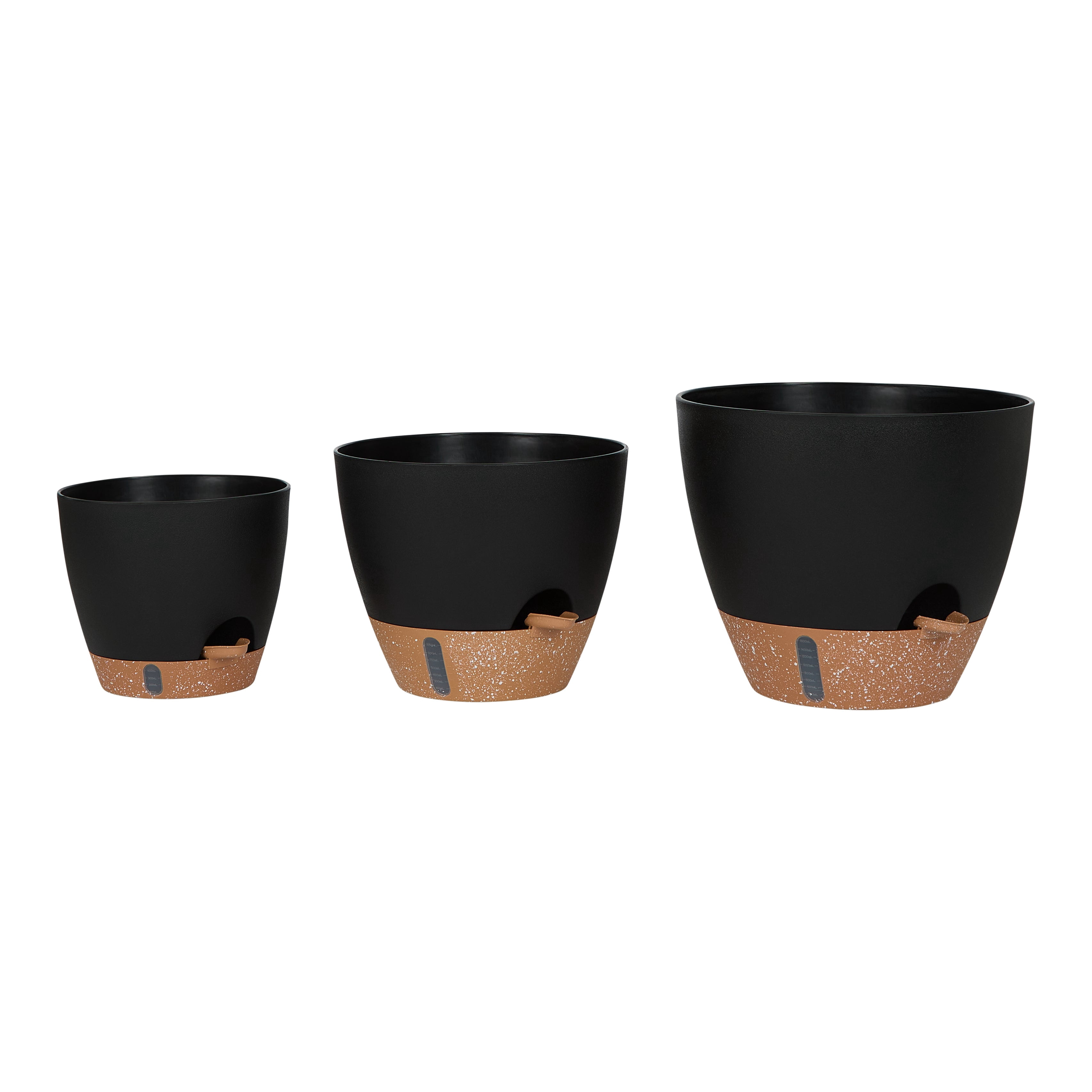 Backyard Expressions Self-Watering Planter Set, 3-Piece Indoor & Outdoor Plant Pots with Water Reservoir, Water Level Window & Drainage Tray - Black