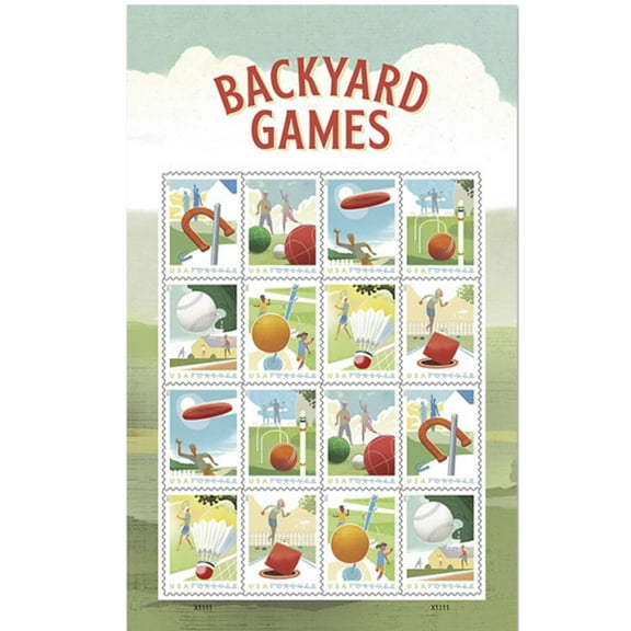 Backyard Games USPS Forever Postage Stamp 1 Sheet of 16 US First Class Postal Grass Yard Sport Family Outdoor Party Announcement Celebration (16 Stamps)