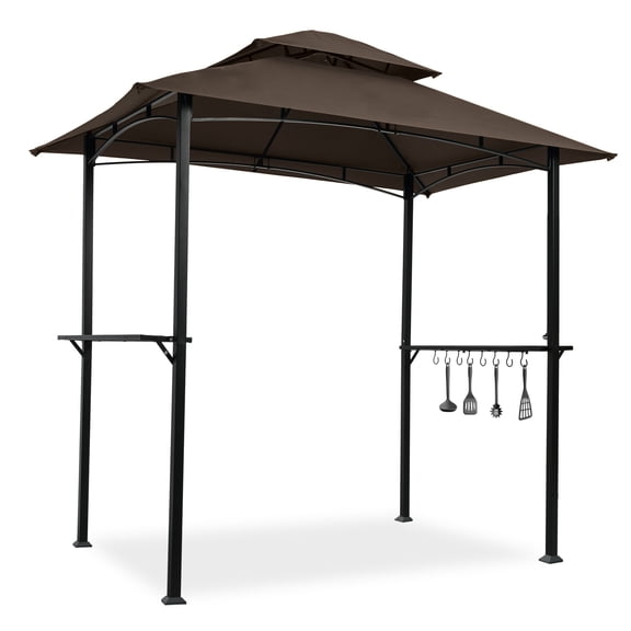 Backyard Gazebos Outdoor Grill Gazebo 8 x 5 Ft, Shelter Tent, Double Tier Soft Top Canopy and Steel Frame with hook and Bar Counters, -Brown,Patio Gazebos