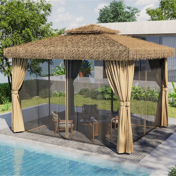 Backyard Gazebos Outdoor Patio Gazebo - Hawaiian Style Thatch Roof, Double Canopy, Aluminum Frame with Mosquito Net & Privacy Curtain,Patio Gazebos