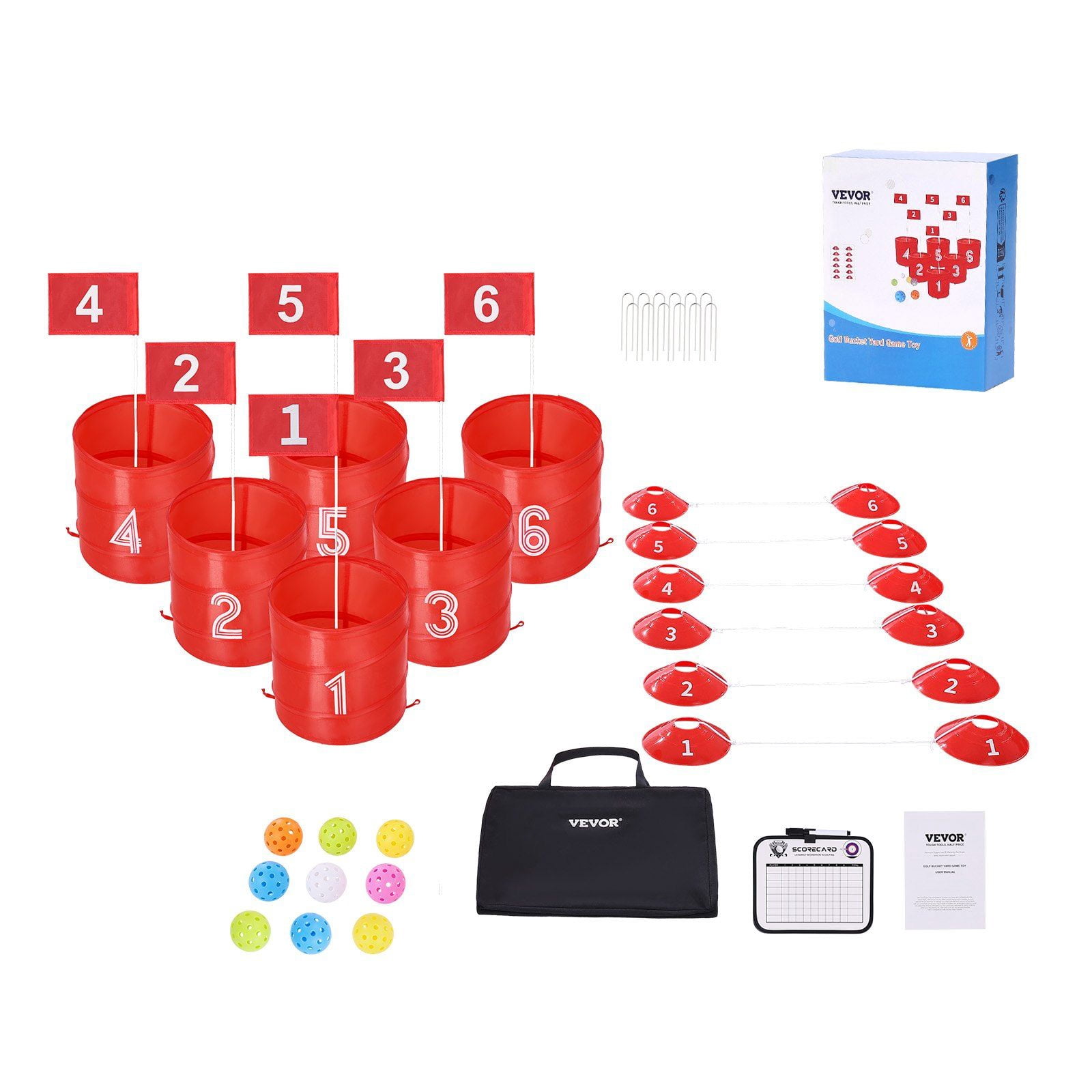 Backyard Golf Game 6 Hole Portable Outdoor Bucket Golf Game for Kids and Adults, Includes 6 Buckets, 6 Flags, 9 Balls, Tee Boxes, Scorecard, and Carrying Bag, Ideal for Fun and Entertainment