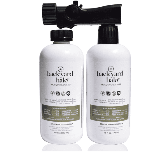 Backyard Halo End Hose Sprayer Kit | Mosquito and Insect Barrier | Great for Yards | Two 16 oz Bottles | 1000 Sqft