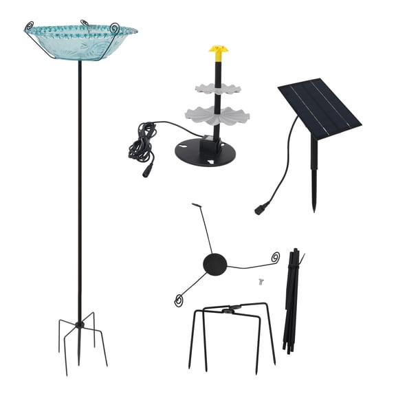 Backyard Landscape Solar Bird Bath Fountain Glass Bird Bath Metal Stake Stand Upgraded Spray System Yard Decor