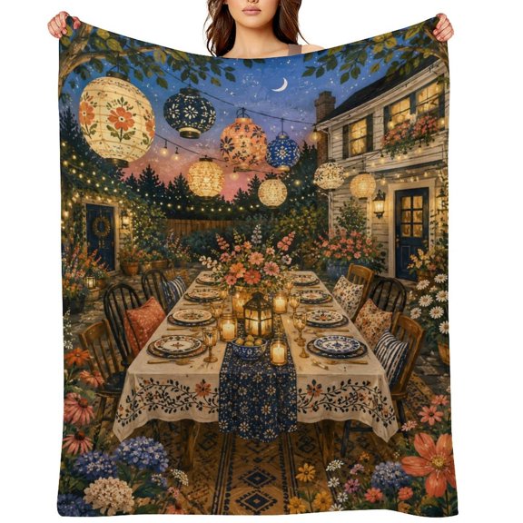 Backyard Lantern DinnerFlannel Fleece Throw Blanket, Soft Lightweight Cozy Plush Blanket for Couch Sofa Bed, All Season Microfiber Blanket for Home Travel Office, Father’s Day Gift