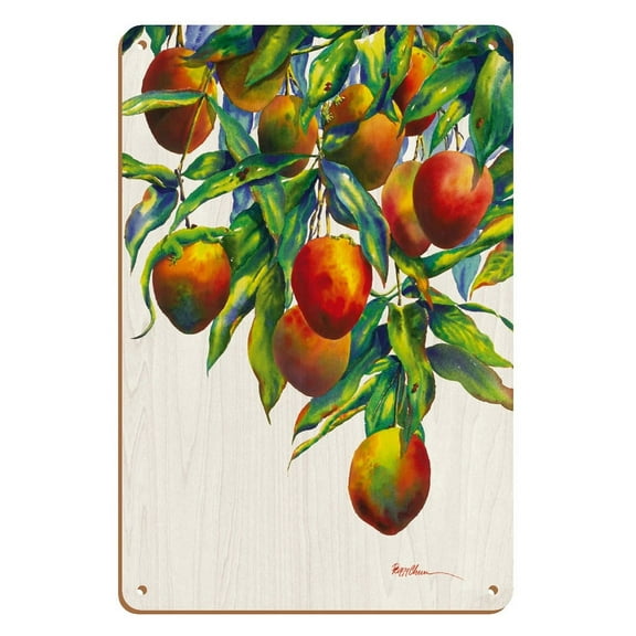 Backyard Mangoes - Hawaiian Mangos and Geckos (Kapili) - From an Original Hawaii Watercolor Painting by Peggy Chun - 8 x 12 inch Vintage Wood Art Sign