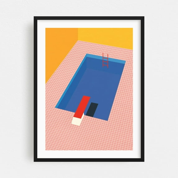 Backyard Pool - Illustration Geometric Minimalist Modern Art Bauhaus Architecture Retro Black Framed Wall Art Print 5 x 7 inches