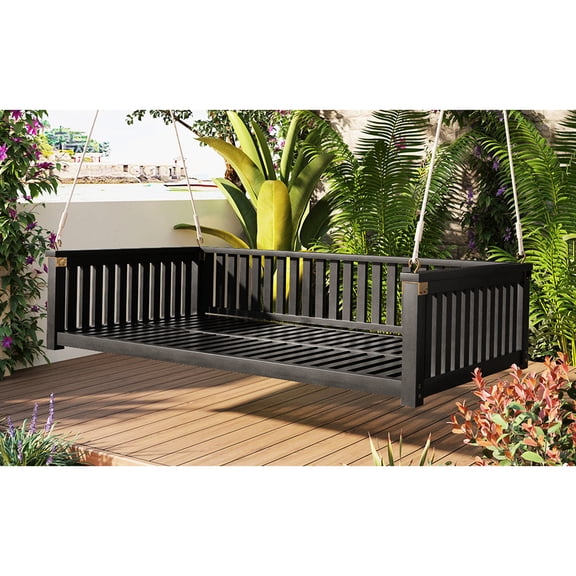 Backyard Swing Bed - Twin Size, Black, Minimalist Style, Constructed From Wood With Ropes, 350 Lbs Weight Support